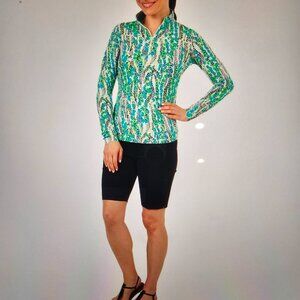 NWT IBKUL  Print Long Sleeve Mock Neck Top in Kamila Lime & Navy Multi size XS